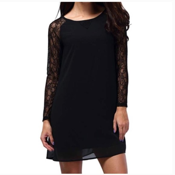 BEPEI "Lace in Point" Black Lace Sleeve Chiffon Dress Women's Size M - Picture 2 of 12